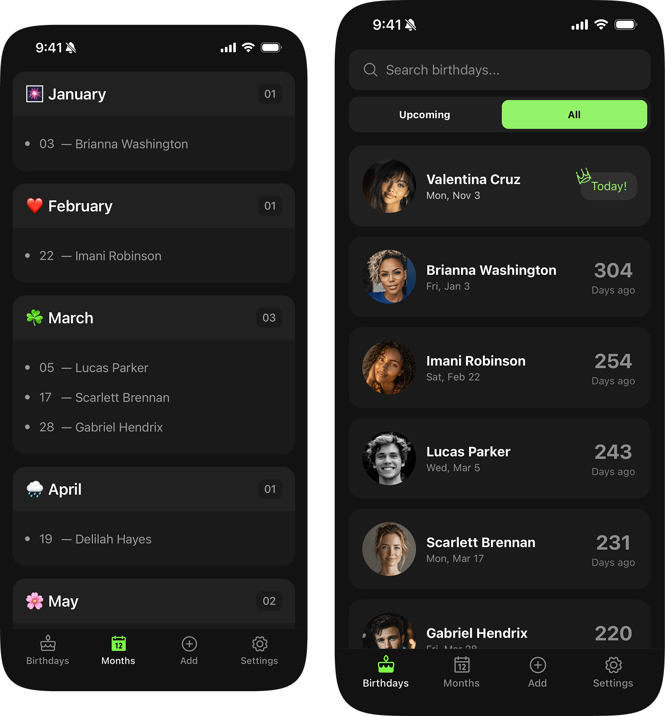 Pinata app showing calendar and birthday list views