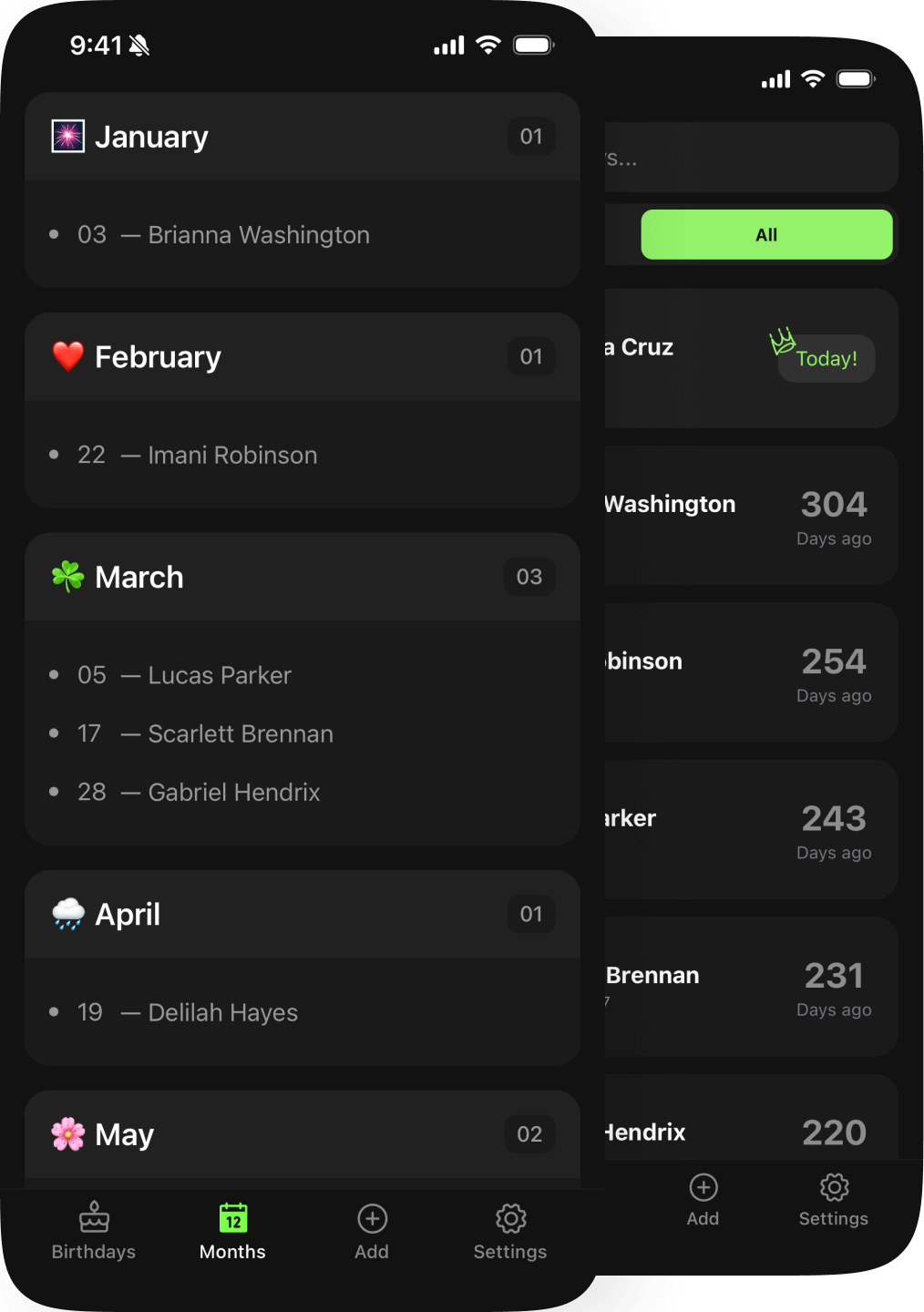 Pinata app showing calendar and birthday list views